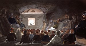 Nukketeatteriesitys koulussa Algeriassa, noin 1830 (akvarelli). tekijältä Theodore Leblanc
