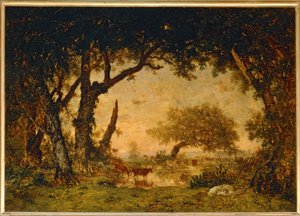 Uloskäynti metsästä Fontainebleaussa, auringonlasku... tekijältä Theodore Rousseau