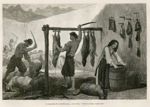 Castradinan, suolatun ja bucaneen lampaan- ja vuohenlihan erikoisuus, valmistus lokakuun lopulla Dalmatiassa (Istria ja Hertsegovine (Kroatia)), piirros Valerio havainnollistamaan matkaa Montenegroon, vuonna 1874, Charles Charles Yriarte
