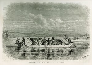 Vene Hue-joella (Vietnam), piirros Th. Weber, havainnollistaakseen tarinaa kahdeksan päivän suurlähetystöstä Huessa (Annamin kuningaskunta), vuonna 1875, herra Brossard de Corbignyn, luutnantti (N), lähetystön liitteenä. Kaiverrus kirjassa Le tour du monde