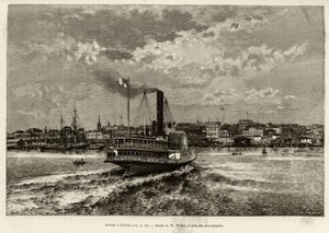 Saapuminen Victoriaan, Kanadaan. Th.Weberin kaiverrus havainnollistamaan E.Cotteaun tarinaa ""Transcanadien ja Alaska"", vuonna 1890, Le tour du monde, nouveau journal des voyages, toimittanut Edouard Charton (1807-1890), 2. lukukausi 1891 , painos Hachet tekijältä Theodore Weber