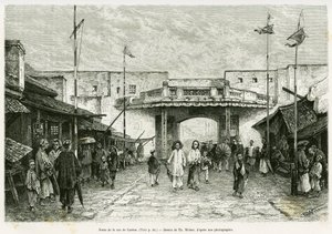 Canton Street Gate Hanoissa. Kaiverrus Th. Weber valokuvasta havainnollistamaan tarinaa Trente mois au Tonkin vuonna 1884, tohtori Hocquard, tour du monde 1889, Edouard Chartonin (1807-1890) johdolla, Hachette, Pariisi.