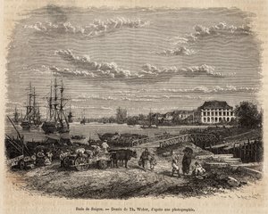 La rade de Saigon, kaiverrus T. Weberin piirustuksen mukaan, joka havainnollistaa matkaa Cochinchineen, tohtori Morice, vuonna 1872, julkaistu "" Le tour du monde""" 1875, toimittanut Edouard Charton, Hachette painos, Pariisi. Selva Collection.