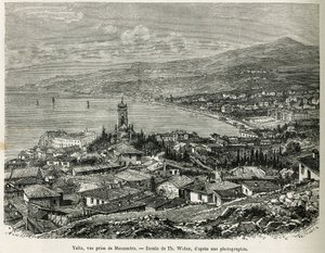 Jaltan kaupunki, otettu Massandrasta, piirroksena Th.Weber, havainnollistamaan F. De Melyn tarinaa Neljä kuukautta Venäjällä vuonna 1876. Kaiverrus kirjassa Le tour du monde tekijältä Theodore Weber