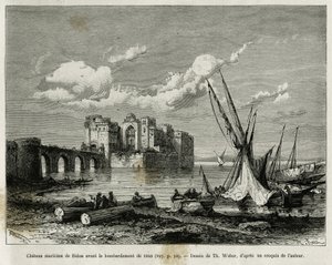 Sidonin merilinna ennen vuoden 1840 pommitusta. Kaiverrus Th. Weber havainnollistaa tarinaa La Syria d