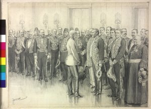 Keisari keskustelee Saksan suurlähettilään Philpp zu Eulenburg-Hertefeldin kanssa.