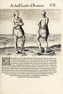 "A Chief Lord of Roanoac", Thomas Harriotin teoksesta "A Briefe and True Report of the New Found Land of Virginia" (kaiverrus) tekijältä Theodore de Bry