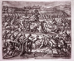 Dominikaaninen munkki, joka tuntee olevansa inkakuningas Atahualpa (Atabaliba) pilkannut, rohkaisee Francisco Pizarroa etsimään kostoa (kaiverrus tekijältä Theodore de Bry