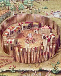 Pomeiokin intiaanien linnoitettu kylä, kuvitus Admiranda Narratiosta, kirjoittanut Theodore De Bry tekijältä Theodore de Bry
