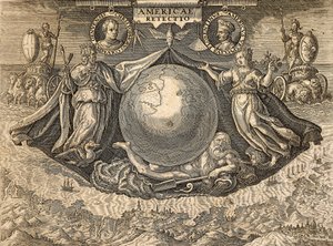 Länsi-Intian tai Amerikan allegoria, muotokuvia merenkulkijoista Christopher Columbuksesta ja Amerigo Vespuccista tekijältä Theodore de Bry