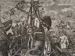 Allegoria Christopher Columbuksen matkasta uuden maailman löytämiseen, Theodor de Bryn (1528-1598) kaiverrus tekijältä Theodore de Bry