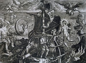 Allegoria Ferdinand Magellanin (1480-1521) matkoista, kaiverrus Theodor de Bry (1528-1598) tekijältä Theodore de Bry