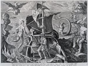 Allegoria Ferdinand Magellanin (1480-1521) matkoista, kirjoittanut Theodor de Bry (1528-1598) tekijältä Theodore de Bry