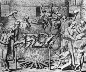 Anthropophage-ateriat: Admirante Narratio Americae -teoksessa, kirjoittanut Théodore de Bry. tekijältä Theodore de Bry