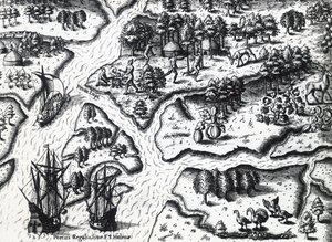 Ranskalaisten saapuminen Port Royaliin vuonna 1564, Theodor de Bry (1528-1598) Jacques le Moyne de Morguesin (noin 1533-ennen 1588) maalauksesta, kaiverrus tekijältä Theodore de Bry