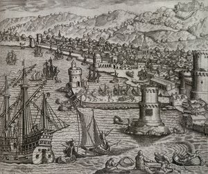Girolamo Benzonin saapuminen Las Palmasin satamaan hänen matkallaan Amerikkaan (1541), Kanariansaarille, Theodor de Bryn (1528-1598) kaiverrus tekijältä Theodore de Bry