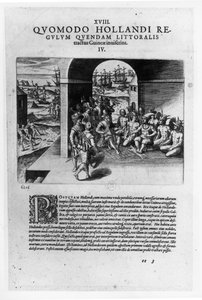 Hollannin johtajien saapuminen Guineaan: Neuvottelut espanjalaisille valloittajille myytävien orjien ostosta, "Petits Voyages", 1585-88 tekijältä Theodore de Bry
