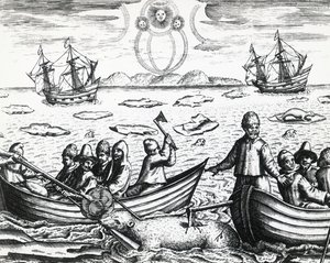 Aurora borealis ja valkokarhun metsästys kolmannella William Barentsin (n. 1550-1597) johtamalla Koillisväylää etsivällä tutkimusmatkalla vuonna 1596, Theodor de Bry (1528-1598), kaiverrus tekijältä Theodore de Bry