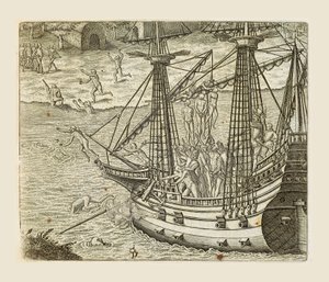 Bartolomeo Diaz ripustaa intiaaneja karavellin päällä, kaiverrus Theodor de Bry (1528-1598) Americae pars quarta, sive, Insignis et admiranda historia de reperta primum Occidentali India Christophoro Columbo, Girolamo Benzoni tekijältä Theodore de Bry