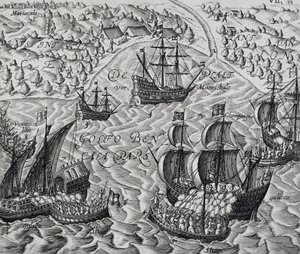Taistelu Maticalin kaupungin edessä Bengalinlahdella, kaiverrus Indiae Orientalisista, kirjoittanut Theodor de Bry (1528-1598) tekijältä Theodore de Bry