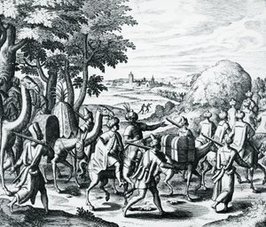 Arabikauppiaiden karavaani matkustamassa Alepposta Basraan, kaiverrus Grands and Petits Voyagesista, Theodor de Bry (1528-1598), Lähi-itä tekijältä Theodore de Bry
