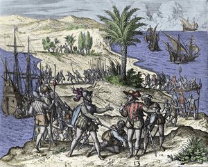 Francisco de Bobadilla pidätti Christopher Columbuksen ja hänen veljensä vuonna 1500. Kaiverrus Théodore de Bry (1528-1598). tekijältä Theodore de Bry