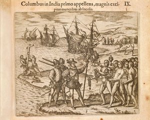 Christopher Columbus laskeutuu Guanahanin saarelle (San Salvador) 12. lokakuuta tekijältä Theodore de Bry