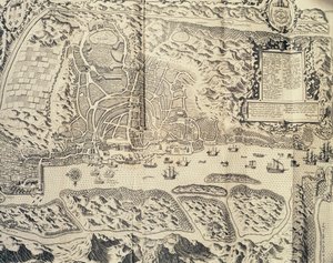 Goan kaupunki Intiassa, Theodor de Bryn (1528-1598) kaiverrus matkakertomuksesta merimies Jan Huyghen van Linschotenin matkasta Portugalin Itä-Intiaan 1579-1592, 1500-luku tekijältä Theodore de Bry