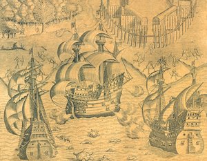 Ranskan ja portugalilaisten alusten välinen yhteenotto Atlantin valtamerellä Brasilian haltuunotosta, Theodore de Bryn kuvitus Amerikan historiasta tekijältä Theodore de Bry