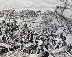 Alkuperäisten intiaanien ja espanjalaisten joukkojen yhteenotto, kaiverrus Historia Americaesta, kirjoittanut Theodor de Bry (1528-1598), Frankfurt tekijältä Theodore de Bry
