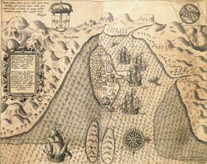 Mosambikin rannikot, Itä-Intia, Johannes Hugonis Linschooten ja Theodore de Bry, kaiverrus tekijältä Theodore de Bry