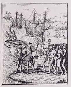 Columbus at Hispaniola, julkaisusta "The Narrative and Critical History of America", toimittanut Justin Winsor, Lontoo, 1886 tekijältä Theodore de Bry