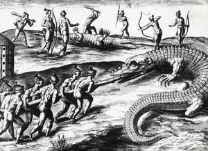 Krokotiilin metsästys Floridassa Jacques le Moyne de Morguesin (noin 1533-ennen 1588) maalauksesta, Theodor de Bry (1528-1598). kaiverrus tekijältä Theodore de Bry