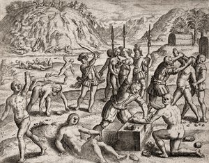 Kuvaus espanjalaisten siirtokuntien intiaaneihin tekemistä rikoksista – valloittajat murhaavat intiaanikylän. Amputations des mains – Theodore de Bryn kaiverrus Bartolome d. tekijältä Theodore de Bry