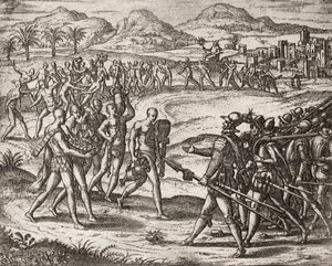 Kuvaus espanjalaisten siirtokuntien intiaaneille tekemistä rikoksista - Intiaanit tuomassa lahjoja ja kultaa valloittajille - Theodore de Bryn kaiverrus " "Tarina joistakin tuhoutuneista espanjalaisista tekijältä Theodore de Bry