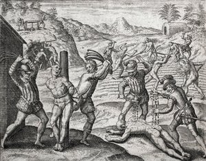 Kuvaus espanjalaisten uudisasukkaiden intiaaneihin tekemistä rikoksista - espanjalaiset kiduttivat intiaania - Theodore de Bryn kaiverrus Bartolome de las Casasin (1484-1566) "Brevisima Relacion de la Destruction de las Indias" -kirjaan