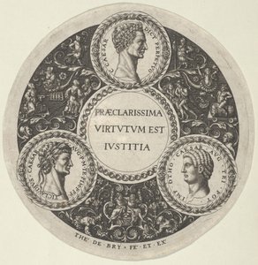 Suunnittelu lautaselle, jossa on muotokuvia Rooman keisareista Caesarista, Claudiuksesta ja Othosta, noin..., n. 1588. tekijältä Theodore de Bry