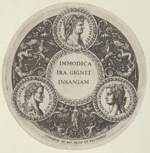 Suunnittelu lautaselle, jossa on muotokuvia Rooman keisareista Nero, Galba ja Caligula, n. ..., n. 1588. tekijältä Theodore de Bry