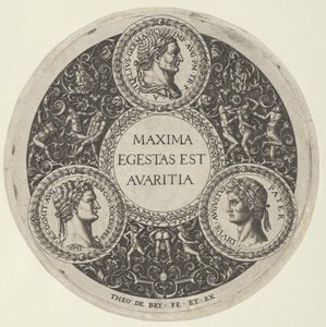 Suunnittelu lautaselle, jossa on muotokuvia Rooman keisareista Vitelliuksesta, Domitianuksesta ja Augustista..., n. 1588. tekijältä Theodore de Bry