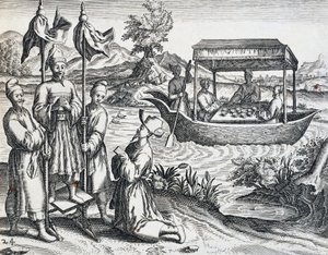 Arvohenkilöiden katu Jan Huyghen van Linschotenin (1563-1611) matkalta vuosina 1583-1592, Theodor de Bryn (1528-1598), Kiinan kaiverrus Intiasta Orientalis tekijältä Theodore de Bry