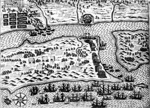 Drake vangitsee De Bryn vuonna 1586 "" Saint Augustine -veneen". tekijältä Theodore de Bry