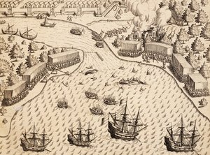Hollantilaisten saapuminen Maduran saarelle, Jaava, kaiverrus teoksesta India Orientalis, Theodor de Bry (1528-1598), Indonesia. tekijältä Theodore de Bry