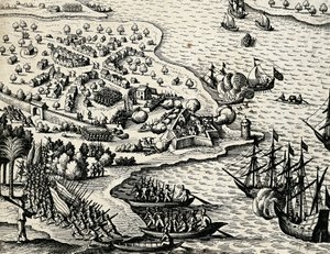 Hollantilainen retkikunta pitkin Mosambikin rannikkoa, Theodor de Bryn (1528-1598) kaiverrus Intiasta orientalis tekijältä Theodore de Bry