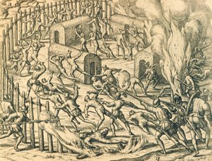 Eurooppalaiset valloittajat hyökkäämässä intiaanikylään, Theodore de Bryn kuvitus Amerikan historiasta tekijältä Theodore de Bry
