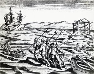 William Barentsin (n. 1550-1597) johtama retkikunta etsimään Koillisväylää Peregrinationesista, Theodor de Bry (1528-1598), kaiverrus tekijältä Theodore de Bry