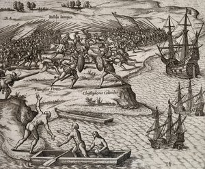Kristoffer Kolumbuksen ja Francesco Poresion välinen taistelu Jamaikalla, Theodor de Bryn (1528-1598) kaiverrus. tekijältä Theodore de Bry