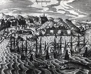 Theodor de Bryn (1528-1598) kaiverrus Acapulcon satamassa galleonien laivasto tekijältä Theodore de Bry