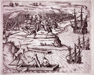 Kristoffer Kolumbuksen neljäs matka Jamaikan saarella vuonna 1503 (kaiverrus tekijältä Theodore de Bry