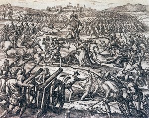 Francisco Pizarron (noin 1475-1541) joukot vangitsivat inkakeisari Atahualpan Cajamarcan taistelussa 16. marraskuuta tekijältä Theodore de Bry