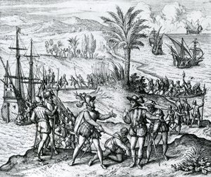 Francisco de Bobadilla saapuu kuvernööriksi ja pidätti Christopher Columbuksen (1451-1506) Hispaniolassa, 1500, 1590 tekijältä Theodore de Bry